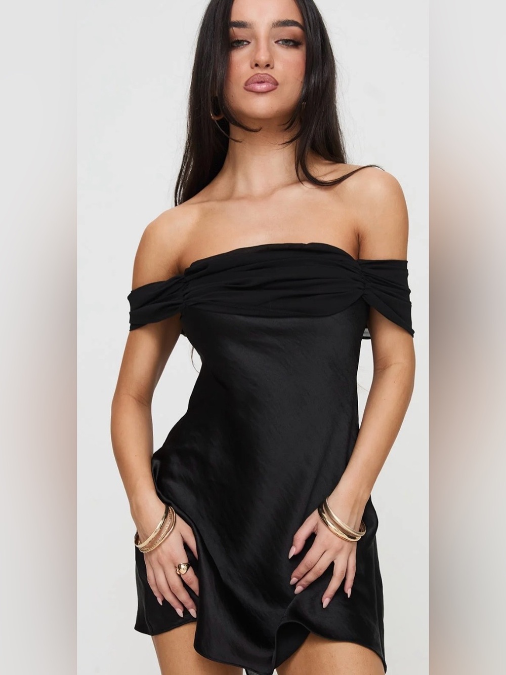 Princess Polly Adoration Black Off-The-Shoulder Satin Dress